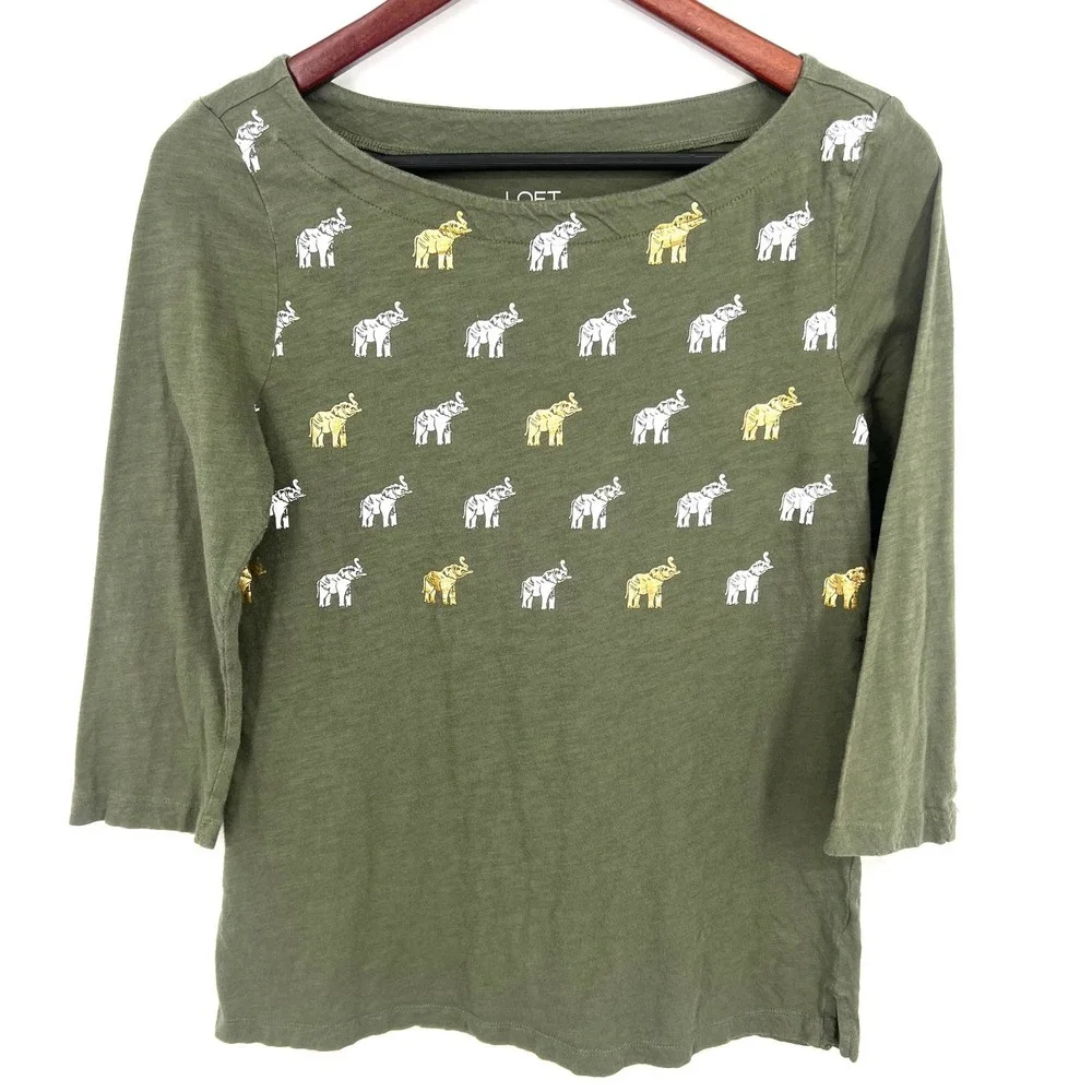 Ann Taylor Loft Green Elephant Size M Medium Blouse Shirt Top 3/4 Sleeve Casual - Picture 1 of 5